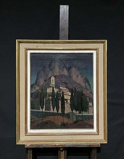 French 20th Century Saint-Agnes Provence Hill Top Perched Village, Signed French Modernist Oil