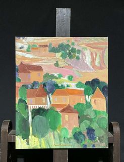 Huguette Ginet-Lasnier Beautiful French Modernist Signed Oil Sunny Roof tops over Provence Landscape c. 2000
