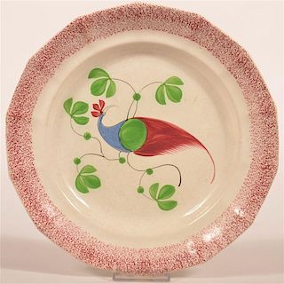 Red Spatter Peafowl Pattern Paneled Plate.