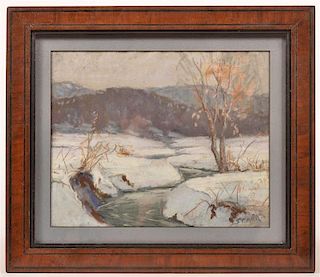 Pastel Watercolor Winter Stream Landscape.