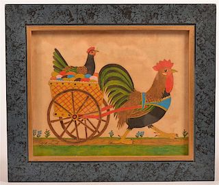 G. B. French Watercolor - Rooster Pulling a Cart.
