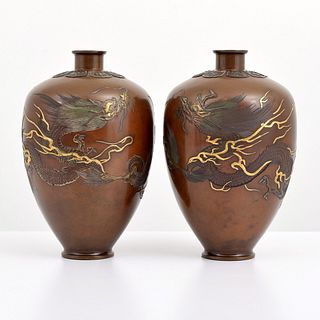 Pair of Japanese Bronze Dragon Vases