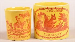 Two Canary Yellow Brown Transfer Childs Mugs.