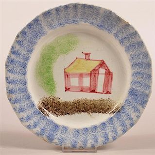 Blue Spatter School House Pattern China Plate.
