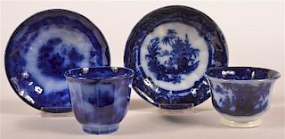 Two Flow Blue Transfer Dec. Cups and Saucers.
