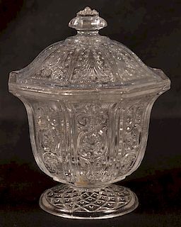 Lacy Pattern Flint Glass Covered Sugar Bowl.