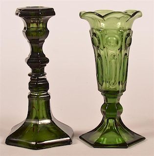 Two Emerald Green Flint Glass Pieces.