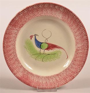 Red Spatter Ironstone Peafowl Pattern Plate.