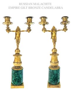 Pair of Russian Malachite & Bronze Figural Candelabras