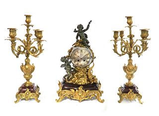 19th C. French Figural Bronze & Marble Clock Set