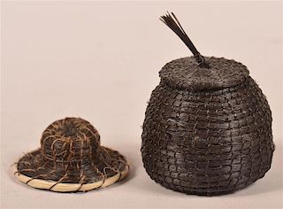 Two Miniature Horse Hair Basketry Items.