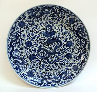 Large Ming Dynasty Blue And White Dragon Charger