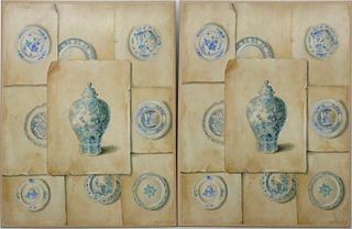 Pair of Fabrice De Villeneuve Trompe L'Oeil Prints of Delft China