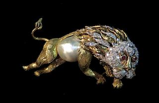 Gold, Diamond, Pearl And Ruby "Lion" Brooch