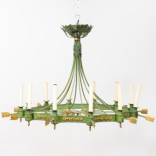 Empire Style Green Painted and Parcel-Gilt TÃ´le and Metal Twelve-Light Chandelier