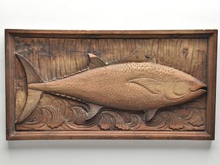 Relief carved tuna plaque, similar to the work of Leander Plummer II.