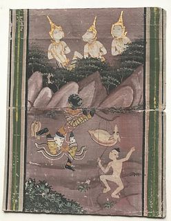 19th c. Indian r Southeast Asian miniature Hunter/ Fishermen, 3 Gods, gouache and gilt