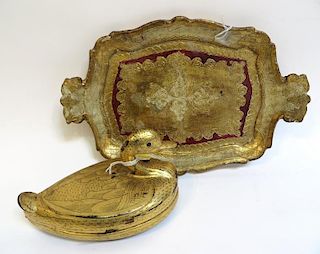 Duck Form Gilded Lacquer Box & 11" Tray