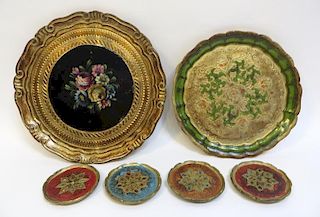 Six Wood Or Papier Mache  Painted Serving Dishes