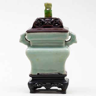 Chinese Celadon Glaze Censer with a Carved Wood Cover and Hardstone Finial