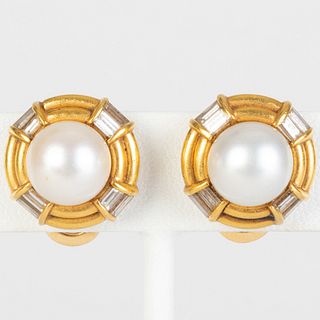 Bulgari 18k Gold, Cultured Pearl and Diamond Earclips