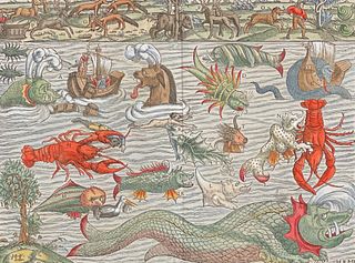 Munster, pub. 1614 - Sea Monster and Animal Tableau (Famous Chart, Munster's Monsters); Monstra Marina et Terrestria