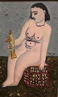 FULLER, Justine. Oil on Board. Nude with Fish,