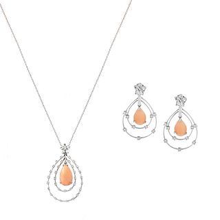 Coral, Diamond and 18K Necklace and Earrings
