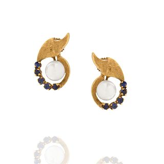 Pearl, Sapphire and 14K Earrings