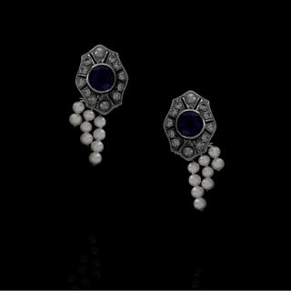 Amethyst, Diamond, Pearl and 14K Earrings