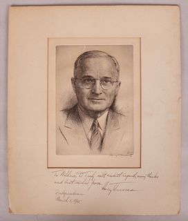 Harry S. Truman, Signed & Inscribed Etching