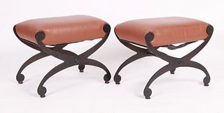 A Pair of Iron and Leather Stools