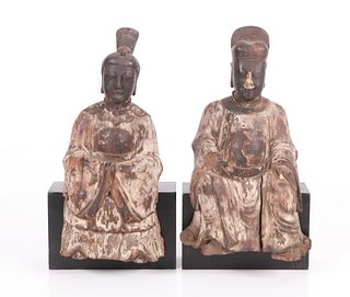 A Pair Of Chinese Carved Wood Seated Officials