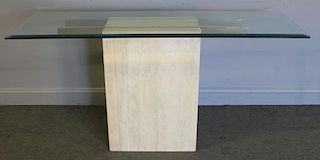 Midcentury Stone and Brass Console with Glass Top.