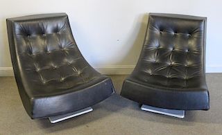 Pair of Large Black Leather Scoop Chairs.