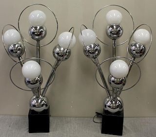 Midcentury Pair of Chrome Ball Table Lamps.