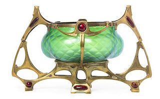 * An Art Nouveau Glass and Gilt Metal Mounted Center Bowl, Width 16 inches.