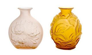 Two French Art Deco Molded and Frosted Glass Vases, Charles Catteau, Height of each 8 3/4 inches.