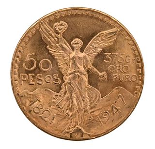 1947 Gold 50 Peso Coin, 1.2057 t.oz. pure gold, uncirculated. Winning bidder can take 1 or up to 5. Provenance: An estate from Redding, CT.