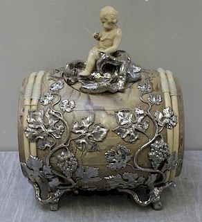 German Porcelain Keg with Figure and Silvered Leaf