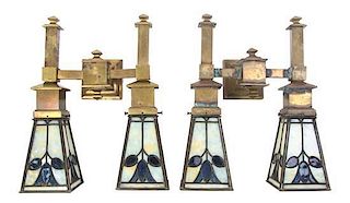 A Pair of American Arts and Crafts Brass and Leaded Glass Two-Light Sconces, attributed to Bradley and Hubbard, Height overall 1
