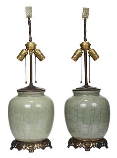 Pair of Chinese Crackle Celadon Vases as Lamps