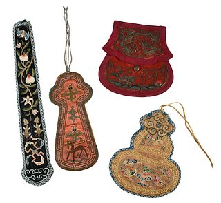 Group of Four Chinese Embroidered Silk Pouches