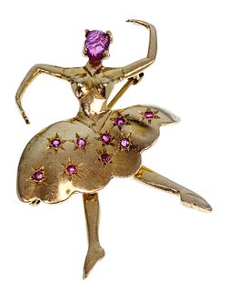 14k Yellow Gold and Ruby Ballerina Brooch