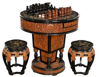 Asian Style Wood Chess Table and Stools