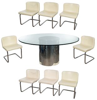 MCM Chrome and Glass Table and Leather Chairs