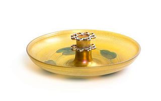 A Tiffany Studios Gold Favrile Glass Center Bowl and Flower Frog, Diameter 13 inches.