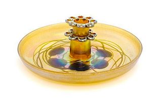 A Tiffany Studios Gold Favrile Glass Center Bowl and Flower Frog, Diameter 12 1/4 inches.