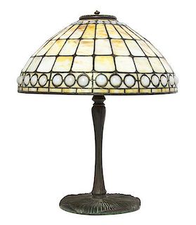 * A Tiffany Studios Favrile Glass and Bronze Geometric Lamp, Height overall 19 1/4 x diameter of shade 16 inches.