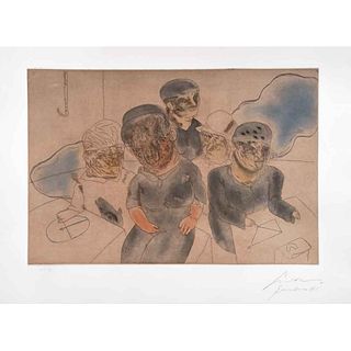 JOSÉ LUIS CUEVAS, La familia del marino, 1981, Firmada y fechada Barcelona 81, Grabado H.C., 43 x 63 cm imagen / 56 x 76 cm papel